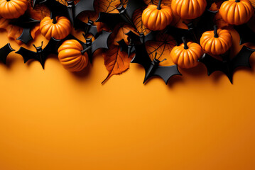 Halloween decorations made from pumpkin and bat on orange background. Flat lay, top view with copy space