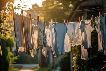 Clean clothes drying outdoors, sunny summer day, countryside, cozy village outdoor exterior. 