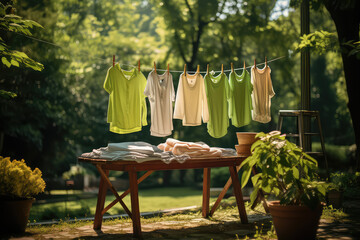 Clean clothes drying outdoors, sunny summer day, countryside, cozy village outdoor exterior. 