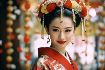 Portrait of beautiful young japanese geisha wearing traditional clothes. Pretty oriental asian woman. Cultural and ethnic diversity.