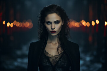 Portrait of beautiful gothic vampire woman. Female in mysterious dark Halloween costume. - obrazy, fototapety, plakaty