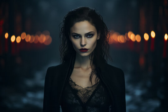 Portrait of beautiful gothic vampire woman. Female in mysterious dark Halloween costume.
