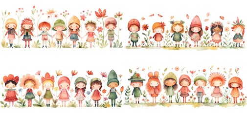 watercolor painting style illustration of cute happy girls play together in spring flower blossom garden, generative Ai