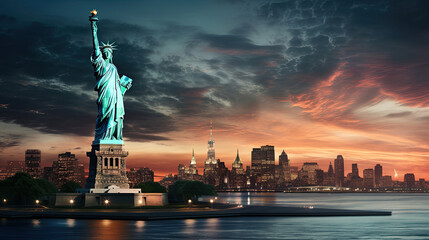 statue of liberty city skyline - obrazy, fototapety, plakaty