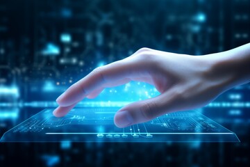User's hands interacting futuristic technological holographic blue augmented reality user interface UI artificial intelligence abilities in daily life. Close-up human hand experience modern technology