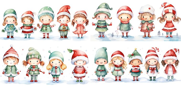 watercolor painting style illustration of cute kids wearing Gnome hat and hood Christmas winter theme, Generative Ai