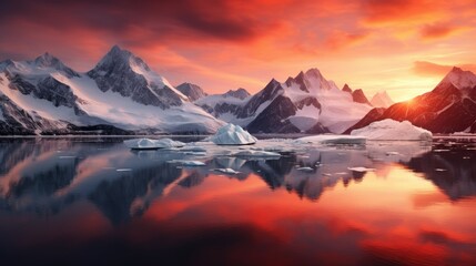 polar landscape at sunset, with the sky aglow in a kaleidoscope of reds, oranges, and pinks, reflecting off the icy mountains and glaciers, showcasing the sublime beauty of nature's vivid canvas.