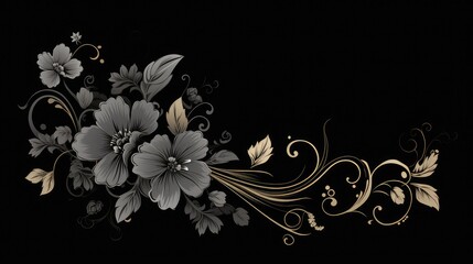 a black floral ornament in a retro design, featuring ornate flowers and elegant curls, capturing the essence of vintage elegance.