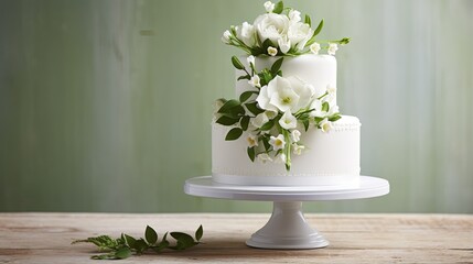 a white wedding cake with artful floral and green leaf decorations, elegantly placed on a white-wood backdrop. The open space provides room for adding meaningful text.