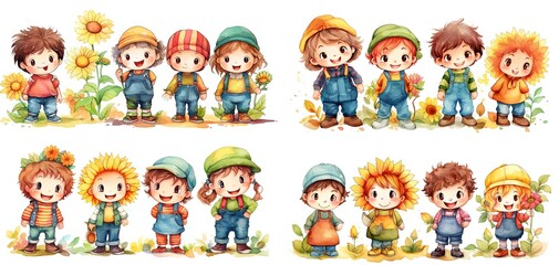 watercolor style illustration of cute cartoon kids play together, Generative Ai
