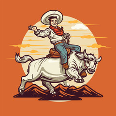 Fototapeta na wymiar Cowboy riding a bull. Rodeo. Cowboy riding a bull hand-drawn comic illustration. Vector doodle style cartoon illustration
