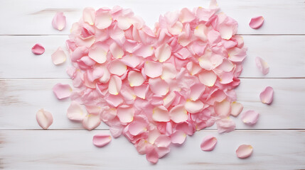 Fototapeta premium Pink Rose Petals Heart Symbol White Rustic Wooden Background