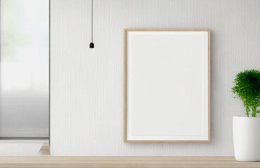 Blank Wooden Picture Frame Mockup On Wall In Modern Interior. Horizontal Artwork Template Mock-Up For Artwork, Painting, Photo Or Poster In Interior Design	