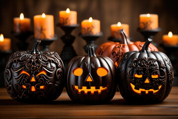 Black pumpkins lanterns. Card for the Halloween holiday