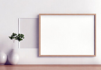 Blank Wooden Picture Frame Mockup On Wall In Modern Interior. Horizontal Artwork Template Mock-Up For Artwork, Painting, Photo Or Poster In Interior Design 