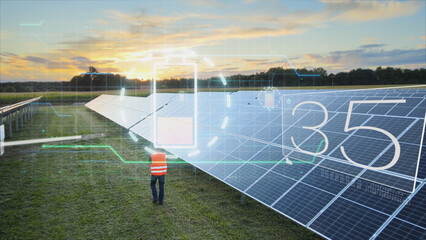 Solar panels generating clean energy concept, electrical engineer analysing data