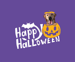 Happy Halloween postcard with Golden retriever dog peeking out from the pumpkin. Dog head in pumpkin with paws on a violet background. October hand-drawn calligraphy with halloween funny icons. 