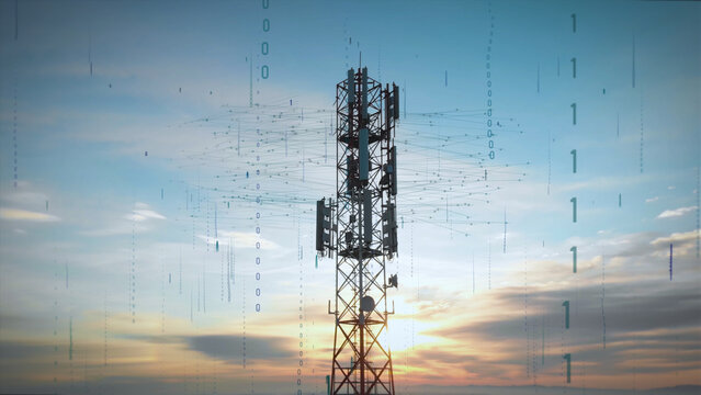 Binary Code Animated Graphics by 5G Telecommunication Tower. Future Technology Concept