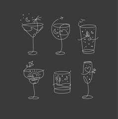 Cocktail glasses vacation holiday theme in line style drawing on black background