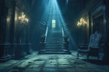 Staircase set against the backdrop of a time-worn and forsaken mansion hall, evoking a chilling atmosphere - obrazy, fototapety, plakaty