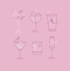 Cocktail glasses vacation holiday theme in line style drawing on pink background