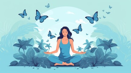 Obraz na płótnie Canvas A woman meditates in nature and leaves. Conceptual illustration of yoga, meditation, relaxation, healthy lifestyle. flat style illustration