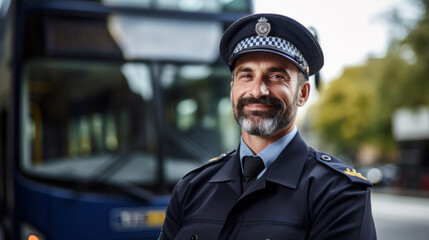 Happy public transport driver in front of bus looking at camera. Copy space.