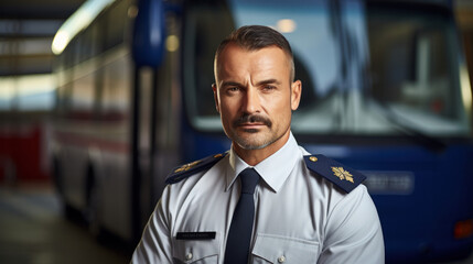Obraz premium Happy public transport driver in front of bus looking at camera. Copy space.