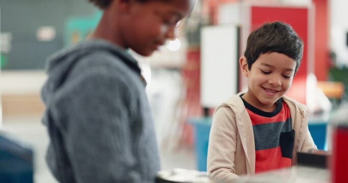 Friends, education and learning with children at science fair for knowledge, engineering and research. Technology, development and creative with students on school field trip for project and youth