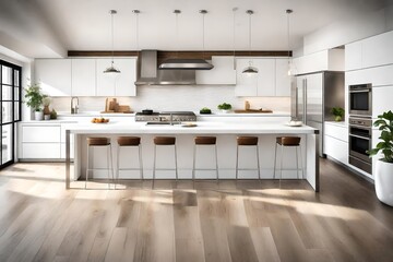 A modern kitchen with stainless steel appliances and a white canvas frame for a mockup, blending functionality and artistry.

