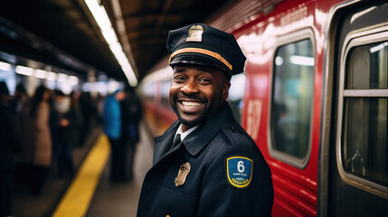 Obraz premium Train driver posing in front of high speed train. Subway train