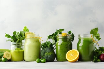 Glass jar mugs with green health smoothie generative ai