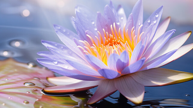 the water lily flower is purple and yellow, in the style of national geographic photo