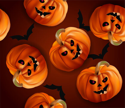 Seamless Halloween pattern . Cute pumpkins on orange background and sweets
