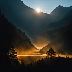 Dawn in a mountainous landscape, with a misty valley cradling a river as the morning sun ascends above the rugged mountain range, accompanied by ethereal mist  from the tranquil river and lush valley.