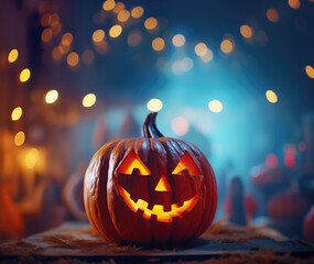 Halloween pumpkin, with its glowing eyes and mischievous smile, against bokeh lights of Halloween celebration in the background