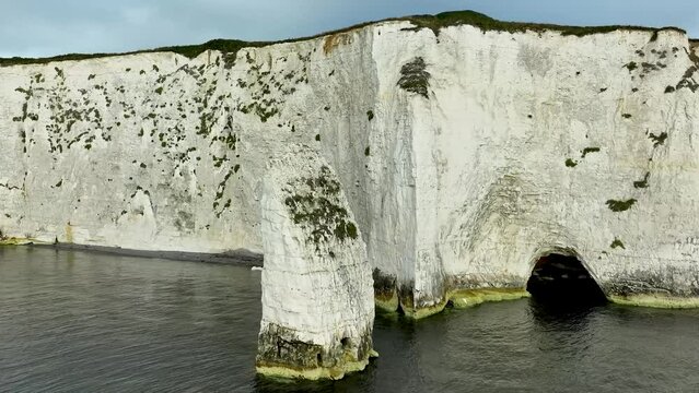 Old Harry Rocks. Dorset, south of Great Britain. White cliffs. Cinematic drone flight