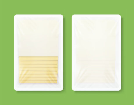 Rectangle tray container mockup with sliced cheese. Realistic vector illustration on different backgrounds. Flat lay view. Ready for use in your design. EPS10.