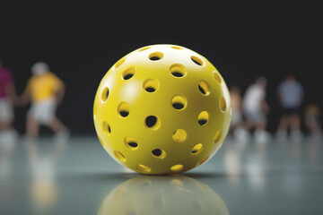 A Pickleball ball is ready for action on the court, while players compete in the background, engaging in the sport that combines tennis, badminton, and ping-pong.