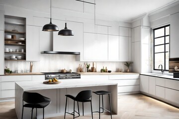 A chic kitchen with a sleek design and monochromatic colors, where a blank white canvas frame adds a subtle artistic touch.