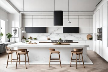 A chic kitchen with a sleek design and monochromatic colors, where a blank white canvas frame adds a subtle artistic touch.