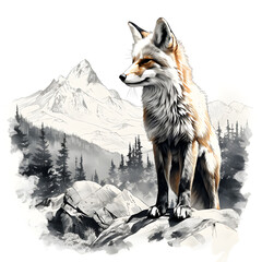 Moutains with a fox in the snow, this design was generated with artificial intelligence