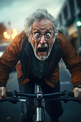 Fototapeta na wymiar Elderly funny pensioner with terrified look rides a bike in urban traffic. Generative AI