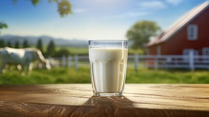 Obraz premium Glass of milk on blurred farm background and place for text. Concept of eco farm fresh product, healthy food