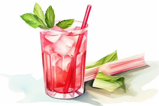 Refreshing rhubarb cocktail with mint leaves. Summer freshness beverage with uce cube.