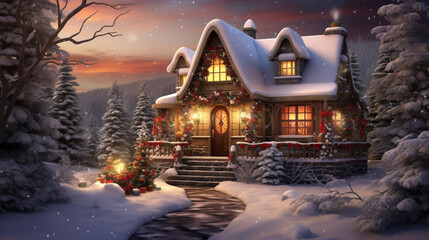 A Christmas cottage decorated for the holiday.