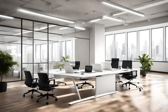 A sophisticated executive office with a white empty canvas frame positioned strategically to inspire creative thinking.
