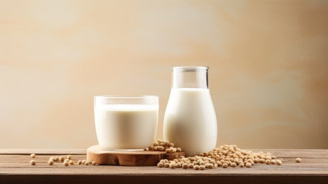 Alternative soya milk background with glass of milk and place for text. Plant based eco organic healthy product concept