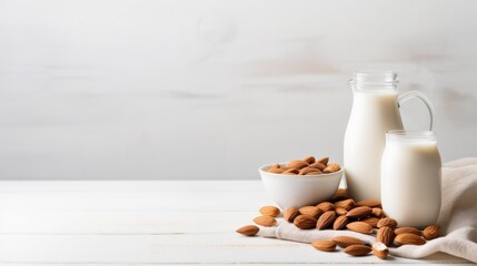 Alternative almond milk background with almond nuts and place for text. Plant based eco organic healthy product concept