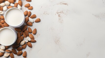 Obraz na płótnie Canvas Alternative almond milk background with almond nuts and place for text. Plant based eco organic healthy product concept